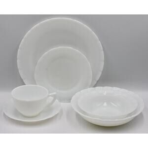 MACBETH EVANS CREMAX Opalescent Glass OXFORD 6pc Set Bowl-Plate-Cup-Saucer